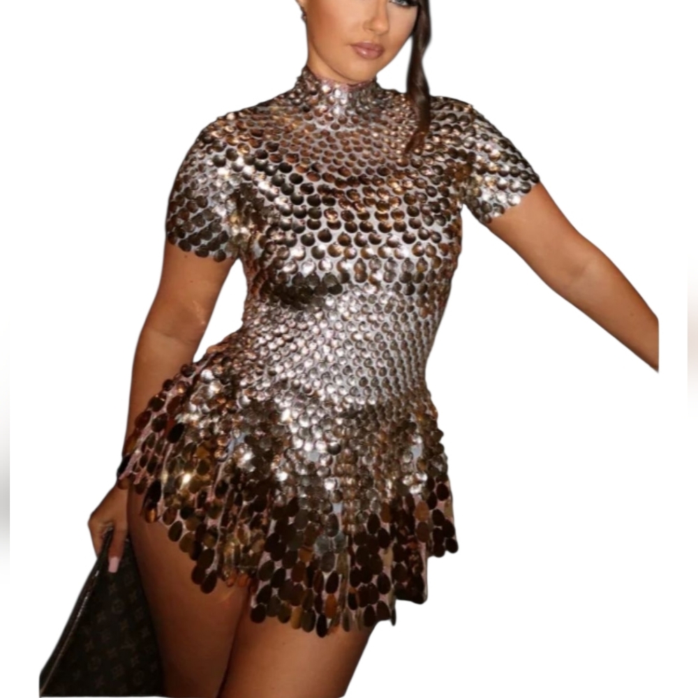 Angel Lane Nwt Black/Brown Sequined Shortsleeve Bodysuit Mini Dress